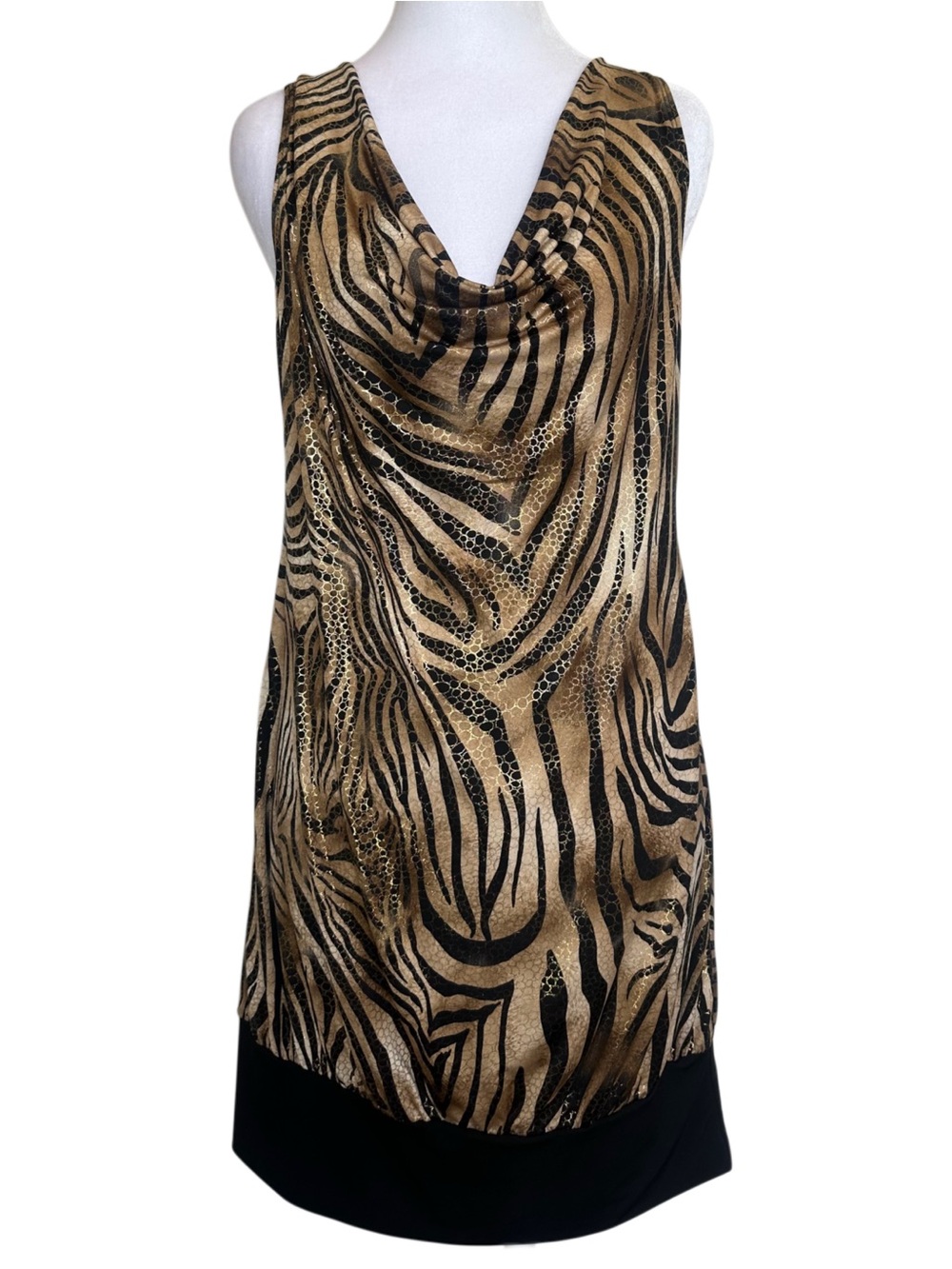 VTG 90s/Y2K La Belle Gold & Black Animal Print Cowl-Neck Bubble Dress